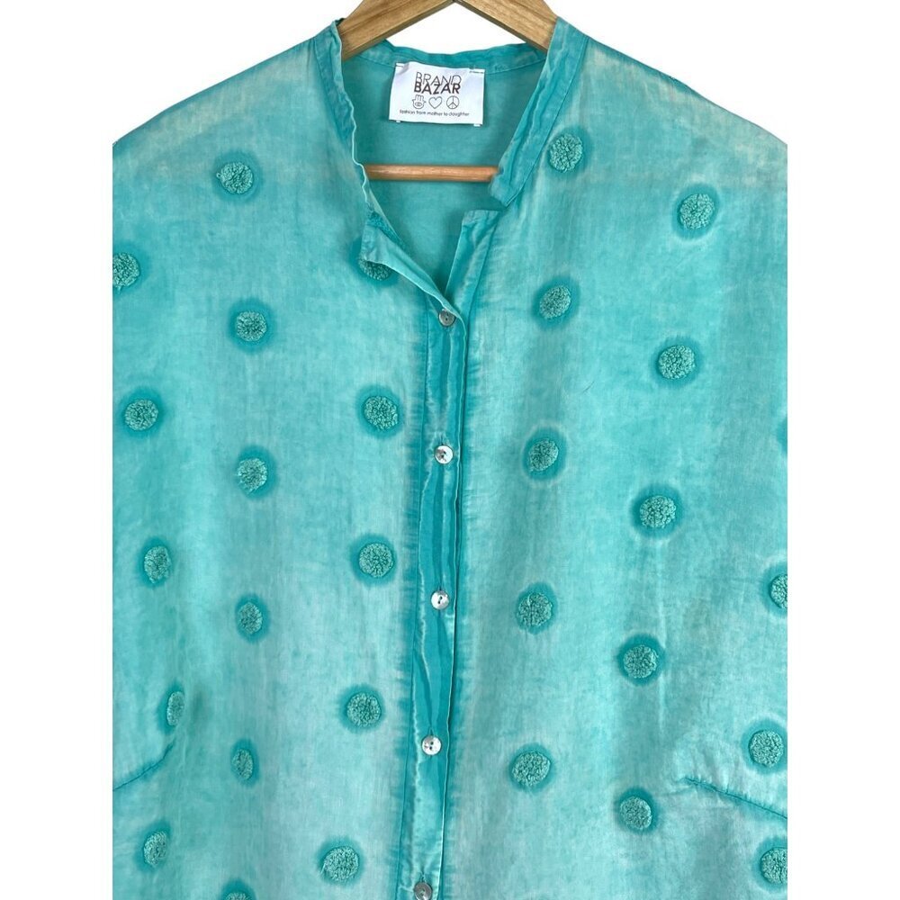 BRAND BAZAR TURQUOISE MADE IN ITALY BUTTON UP TOP - Picture 2 of 8